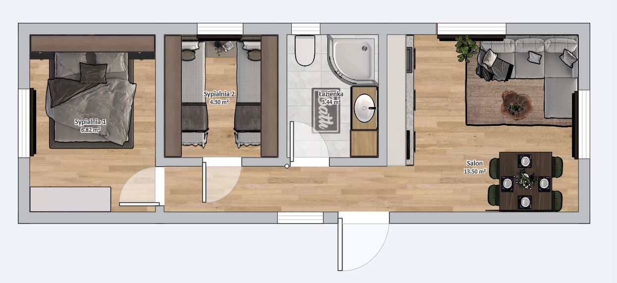Dom modułowy ATENA 3.5m x 10m Wariant A - Plan z meblami