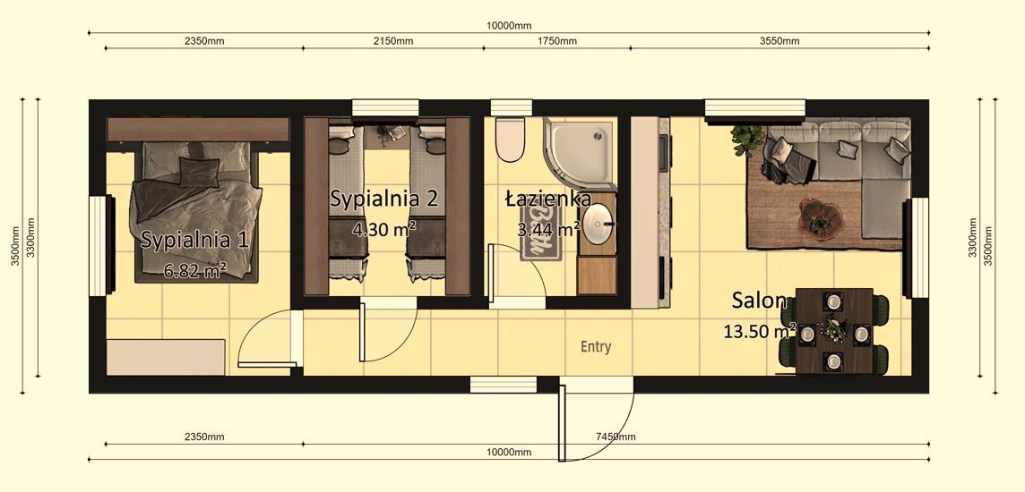 Dom modułowy ATENA 3.5m x 10m Wariant A - Plan z wymiarami