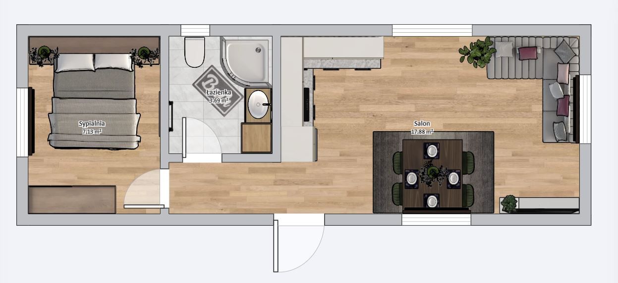 Dom modułowy ATENA 3.5m x 10m Wariant B - Plan z meblami