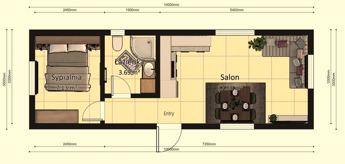 Dom modułowy ATENA 3.5m x 10m Wariant B - Plan z wymiarami