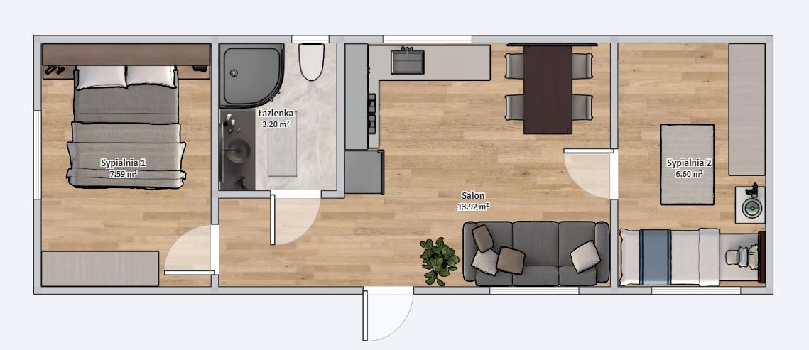 Dom modułowy ATENA 3.5m x 10m Wariant podstawowy - Plan z meblami