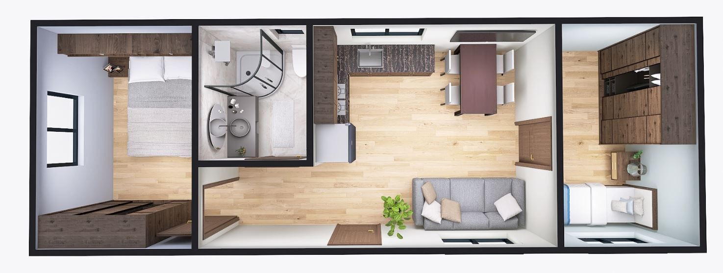 Dom modułowy ATENA 3,5m x 10m Wariant podstawowy - Plan z wizualizacją