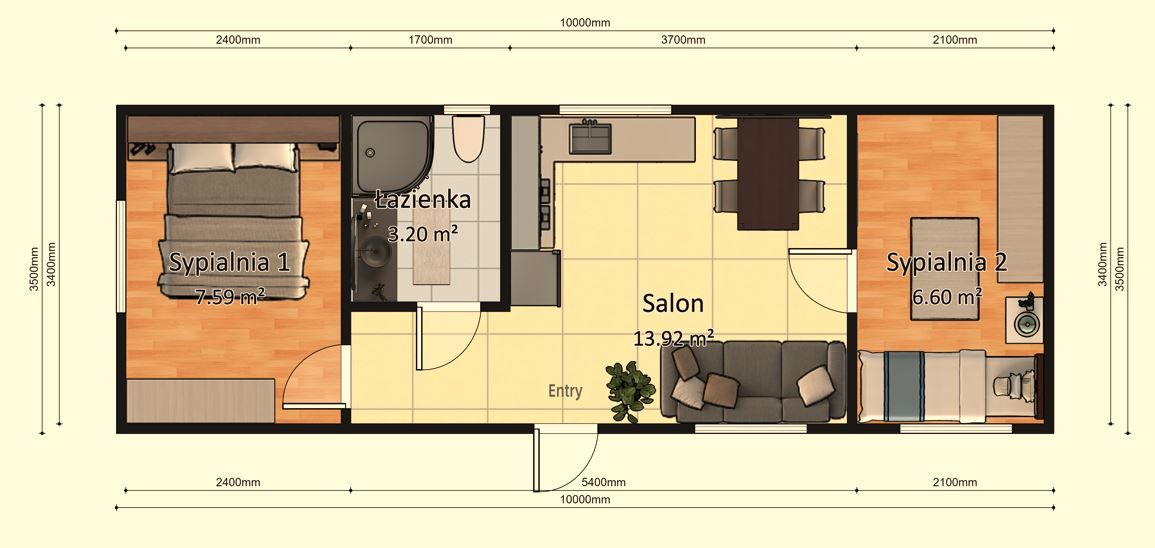Dom modułowy 3.5m x 10m Wariant podstawowy - Plan z wymiarami